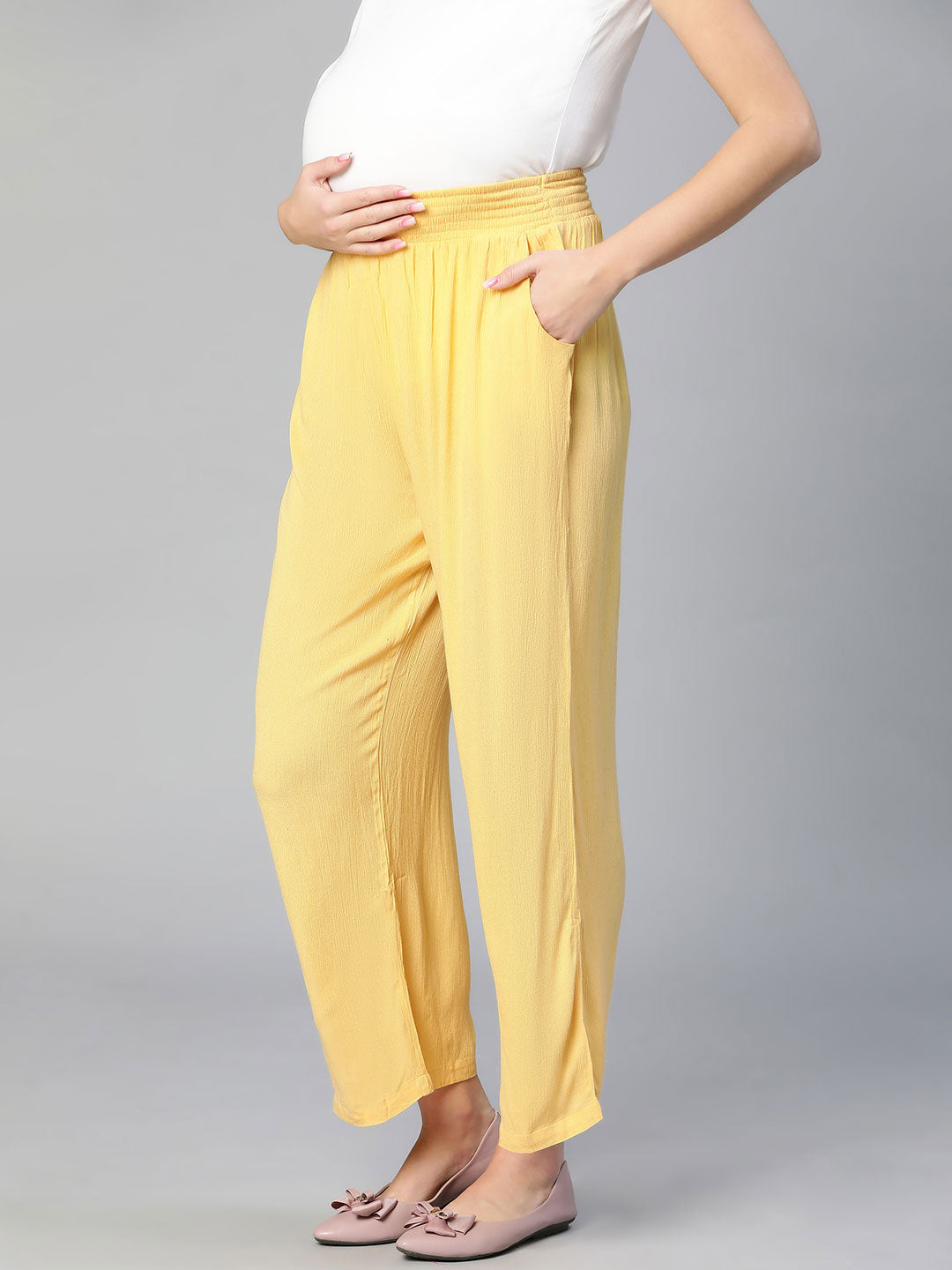 Women Solid Yellow Elasticated Maternity Pant For Expecting Moms