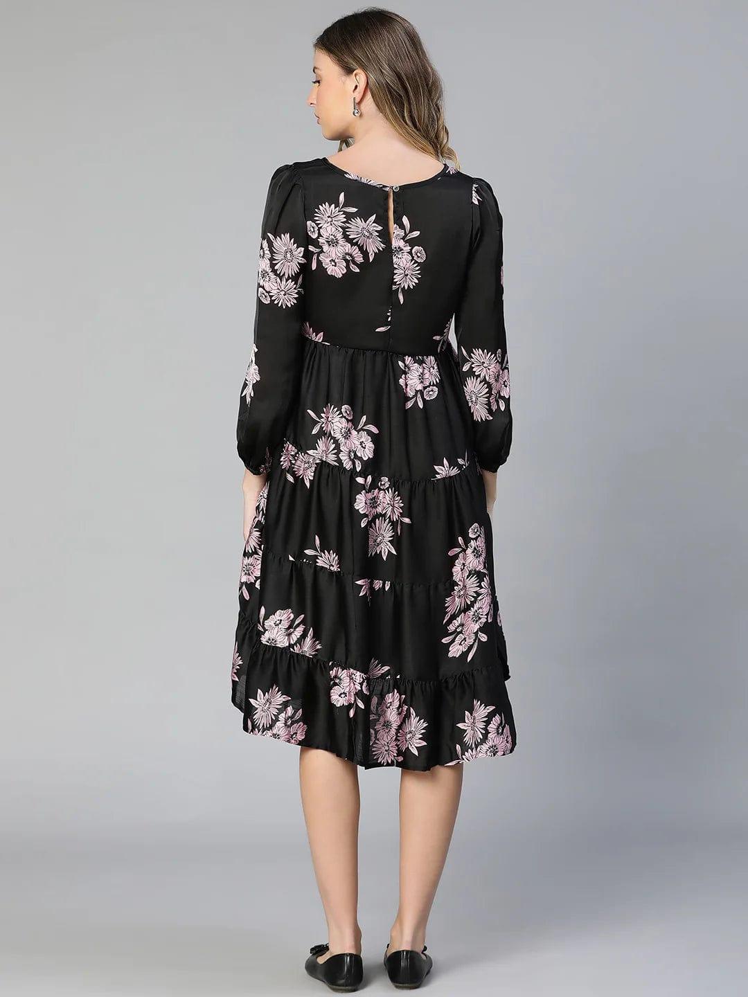 Allice Black Floral Print Feeding Zip Maternity Dress Stylish