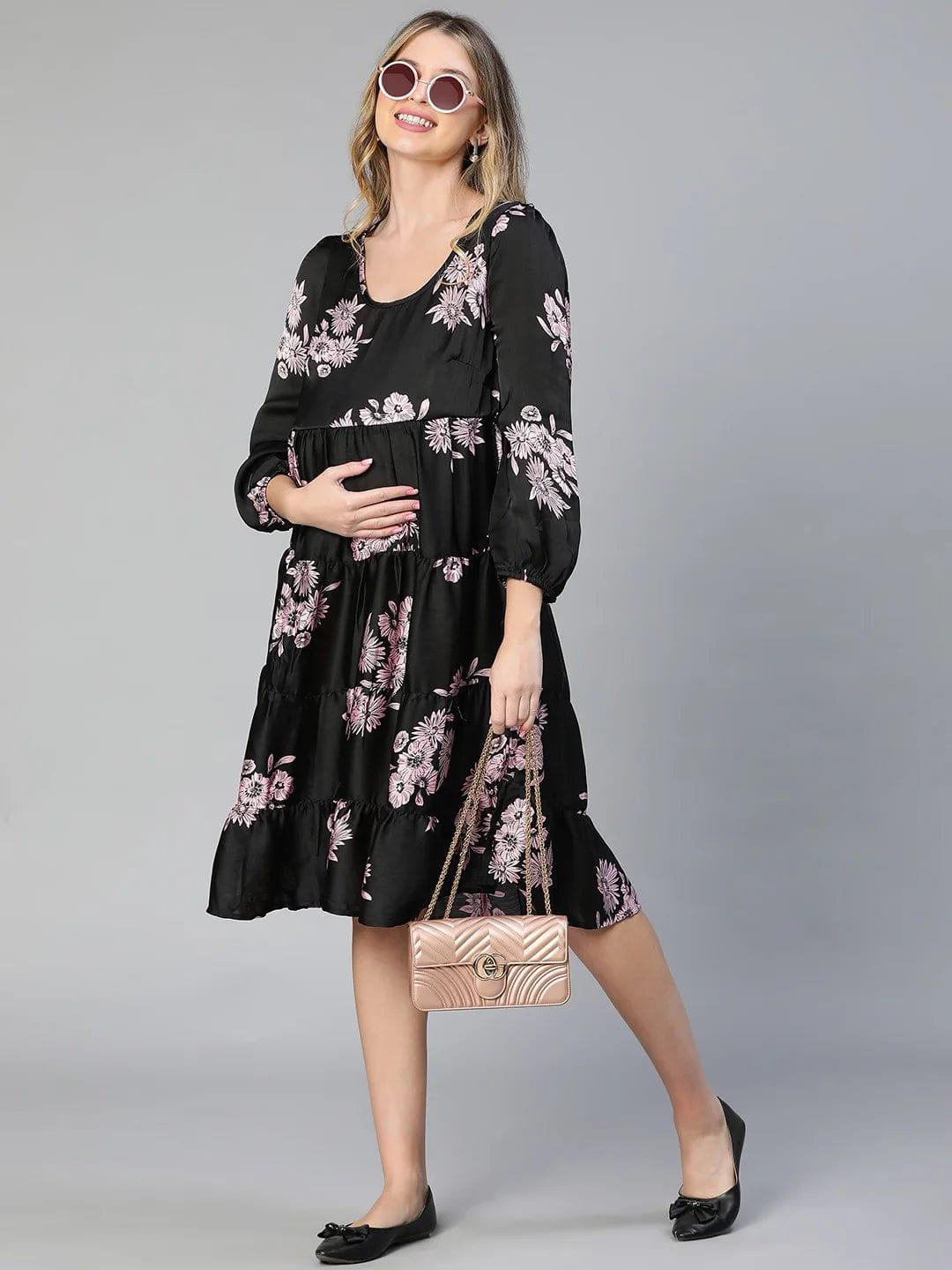 Allice Black Floral Print Feeding Zip Maternity Dress Stylish