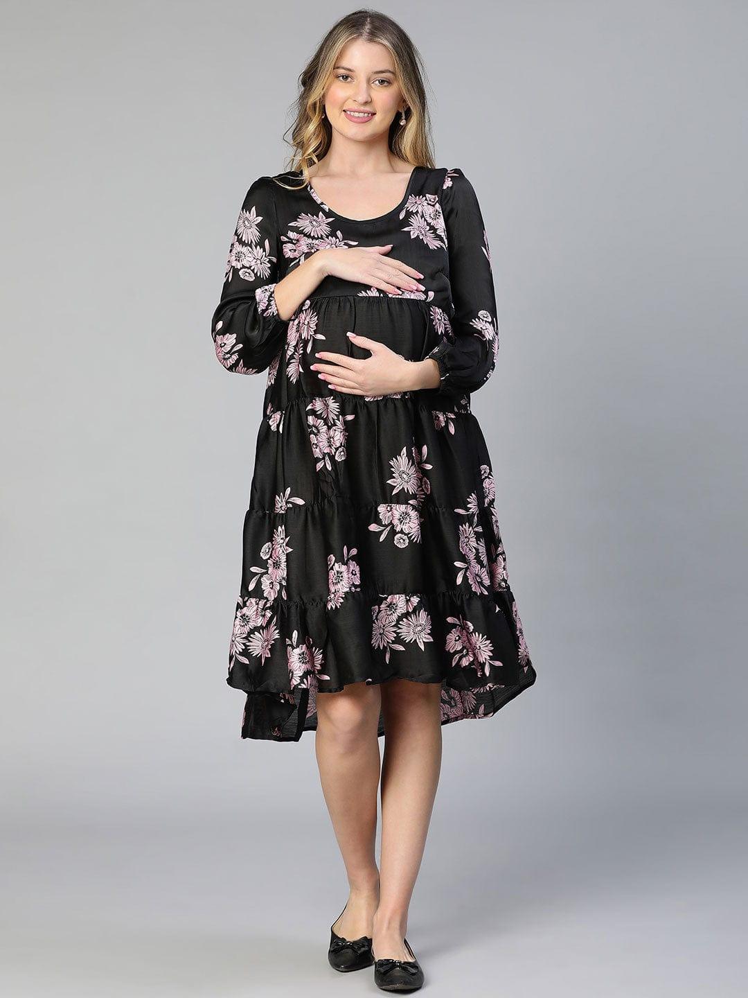 Allice Black Floral Print Feeding Zip Maternity Dress Stylish