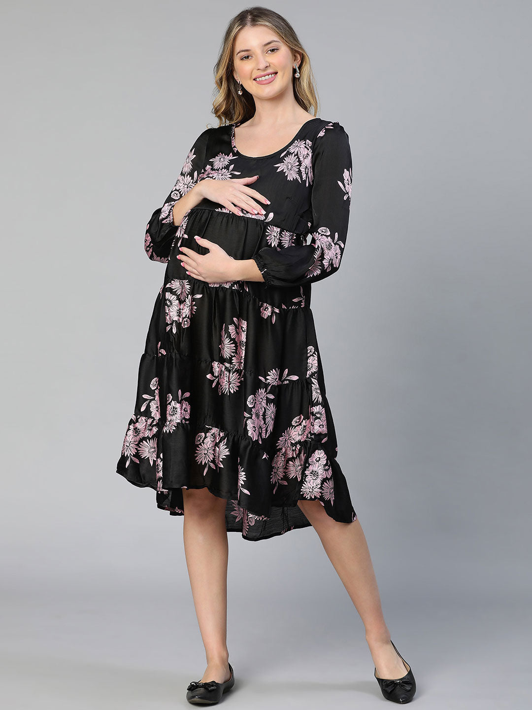 Allice Black Floral Print Feeding Zip Maternity Dress Stylish