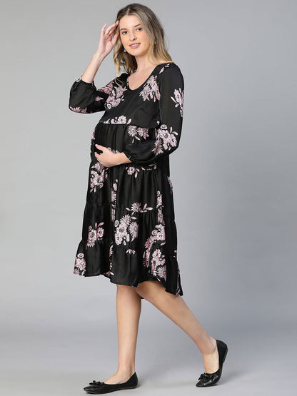 Allice Black Floral Print Feeding Zip Maternity Dress Stylish