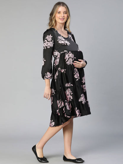 Allice Black Floral Print Feeding Zip Maternity Dress Stylish