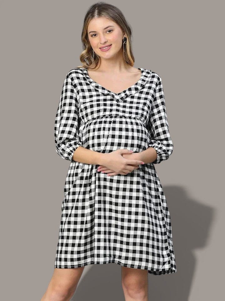 Black Check Print Maternity Dress