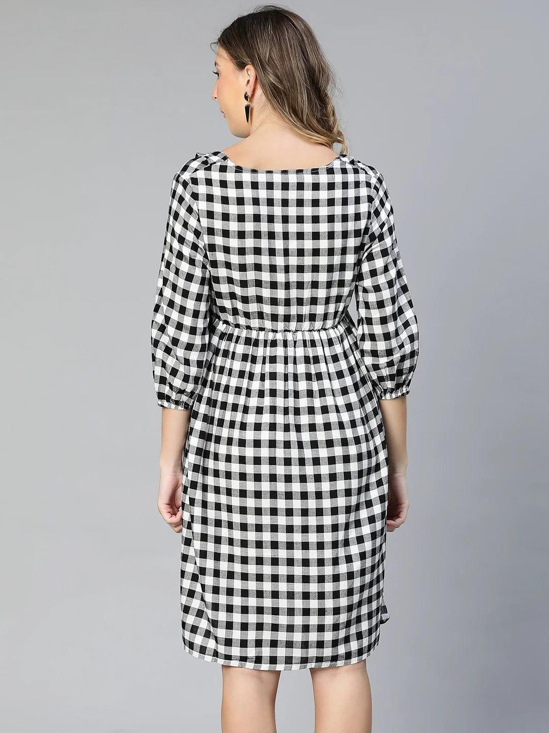 Touched Black Ruffled Elasticated Check Print Maternity Dress