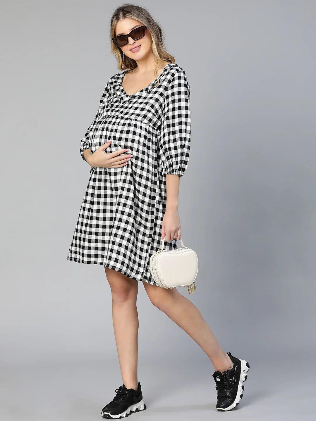 Touched Black Ruffled Elasticated Check Print Maternity Dress