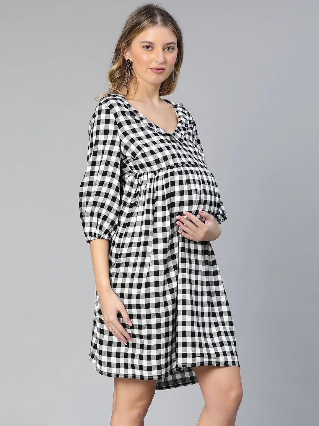 Touched Black Ruffled Elasticated Check Print Maternity Dress