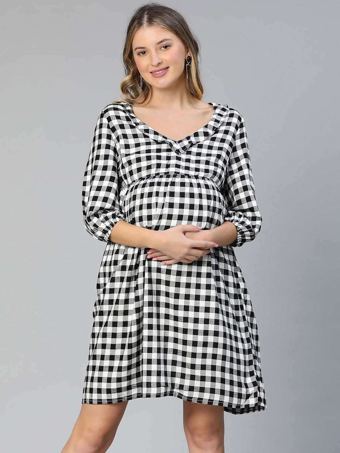 Touched Black Ruffled Elasticated Check Print Maternity Dress