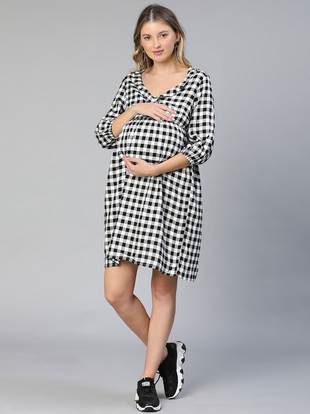 Touched Black Ruffled Elasticated Check Print Maternity Dress