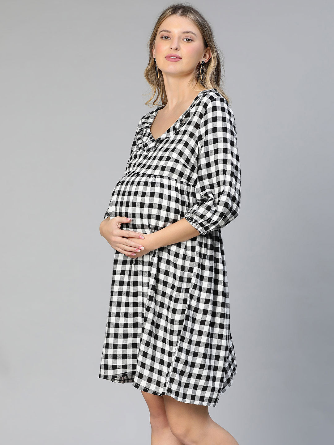 Touched Black Ruffled Elasticated Check Print Maternity Dress