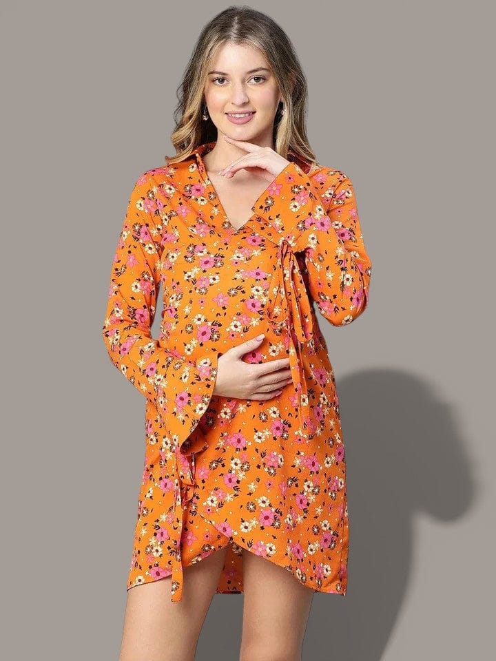 Orange Floral Print Maternity Dress