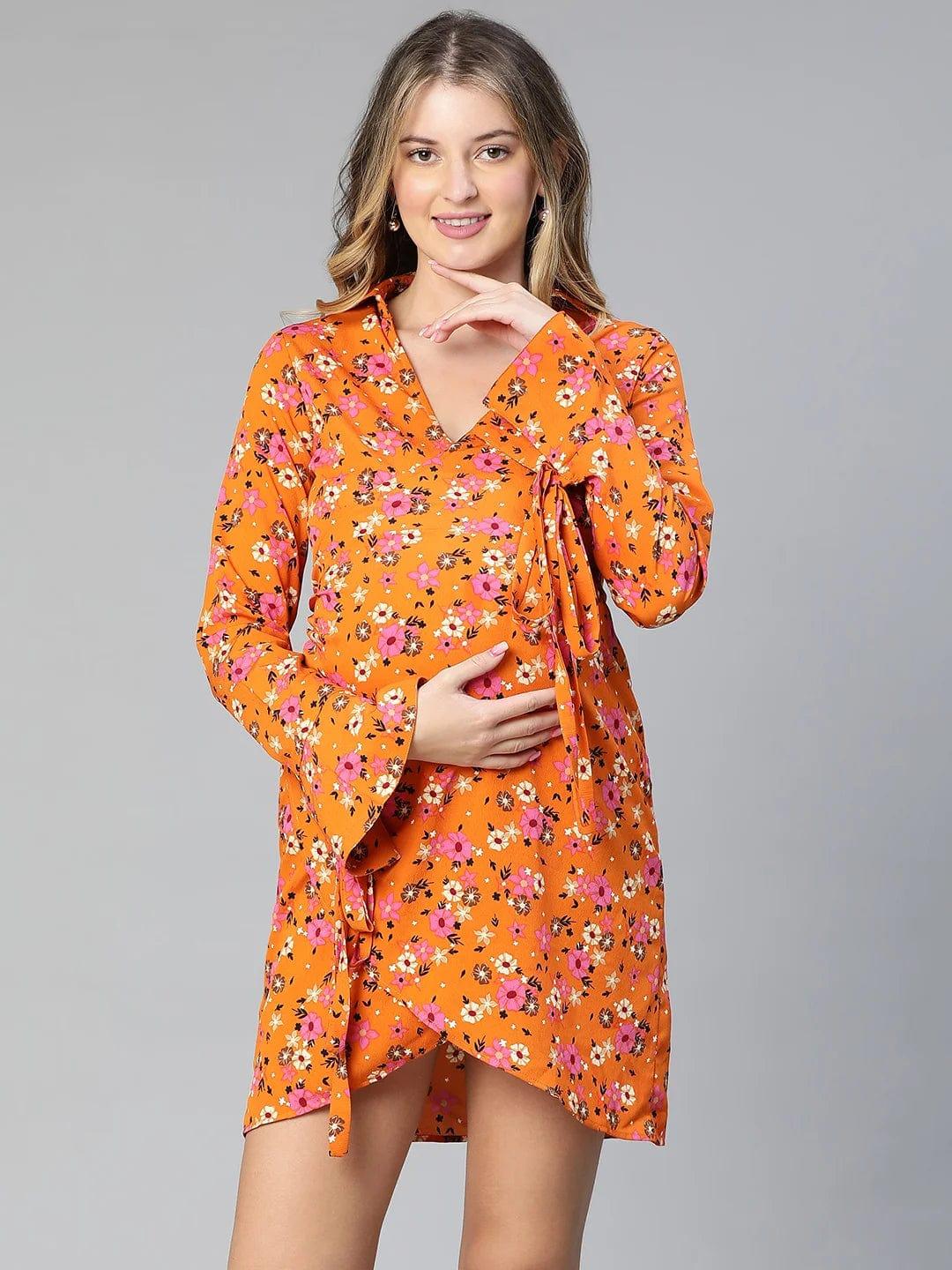 Slizy Orange Floral Print Wrapped Maternity Dress For Expecting