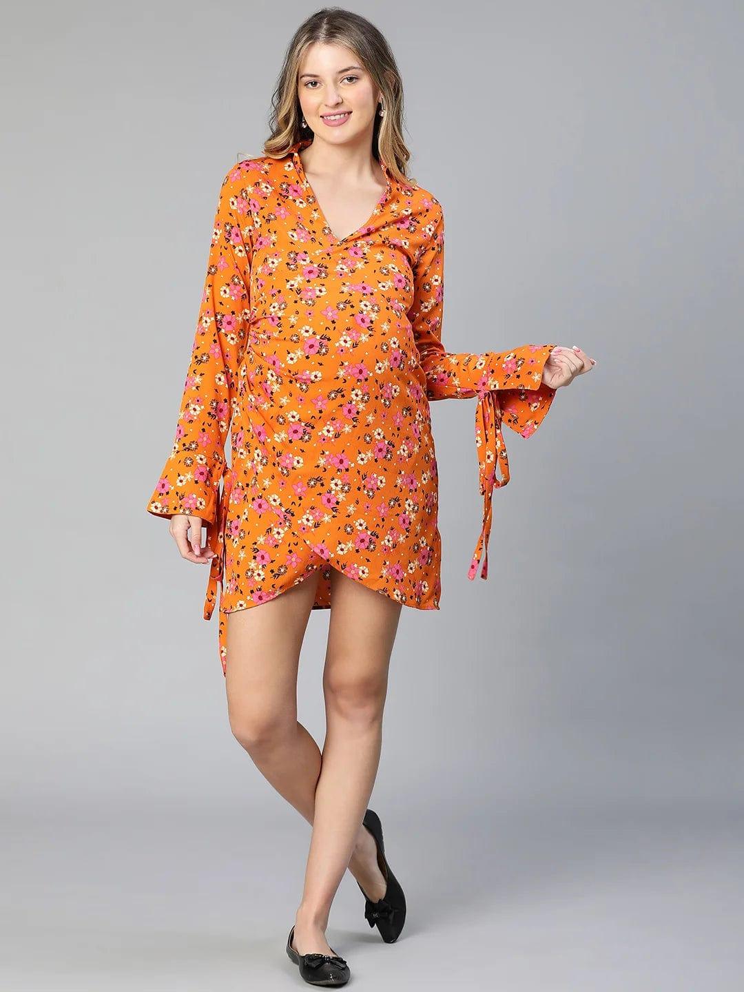 Slizy Orange Floral Print Wrapped Maternity Dress For Expecting