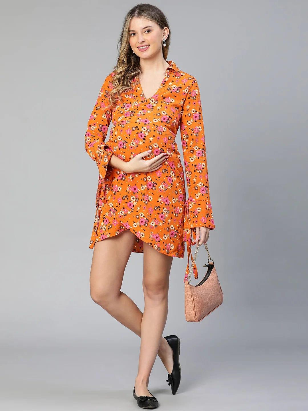 Slizy Orange Floral Print Wrapped Maternity Dress For Expecting