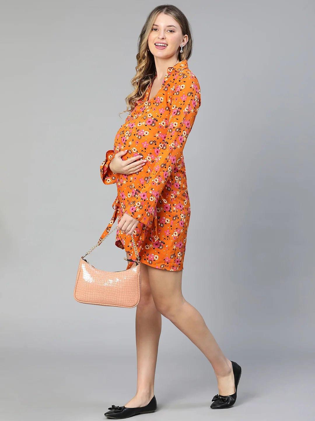 Slizy Orange Floral Print Wrapped Maternity Dress For Expecting