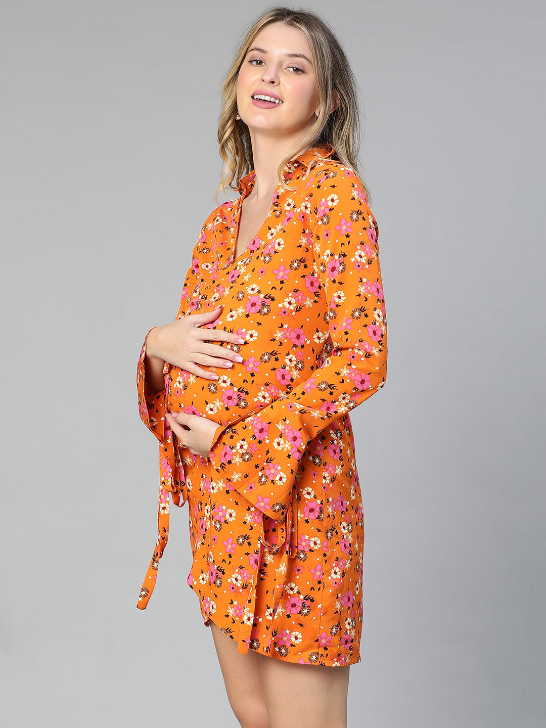 Slizy Orange Floral Print Wrapped Maternity Dress For Expecting