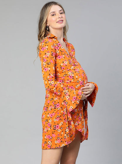 Slizy Orange Floral Print Wrapped Maternity Dress For Expecting