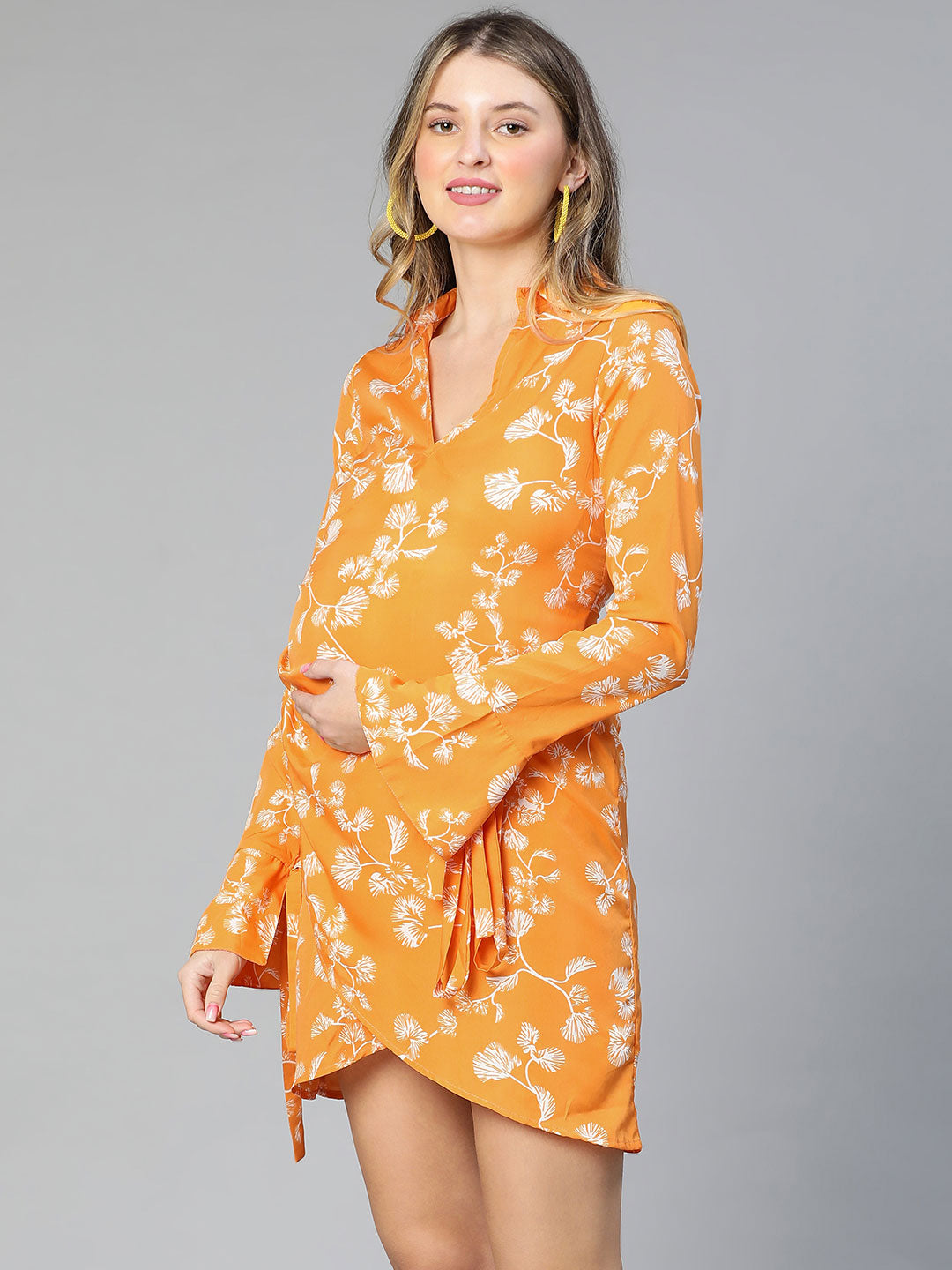 Hail Up Yellow Floral Print Wrapped Maternity Dress Stylish