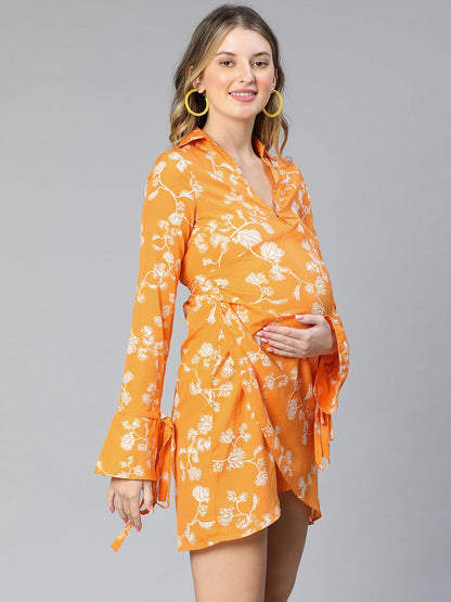 Hail Up Yellow Floral Print Wrapped Maternity Dress Stylish