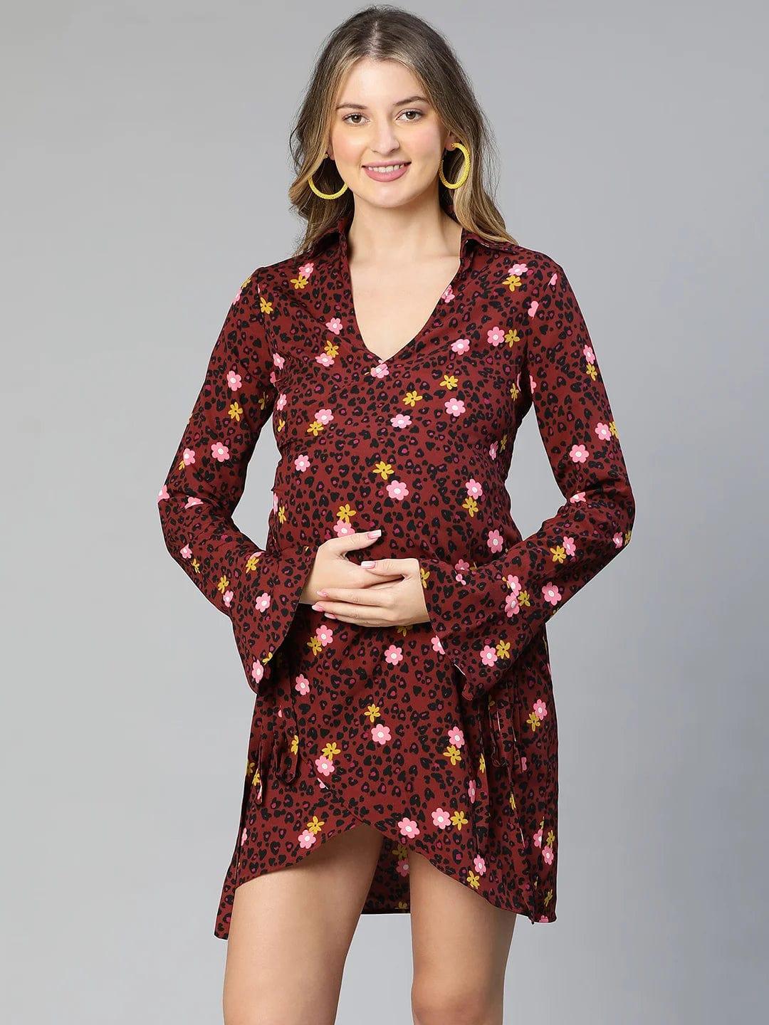 Marshall Maroon Floral Print Wrapped Maternity Dress For Moms