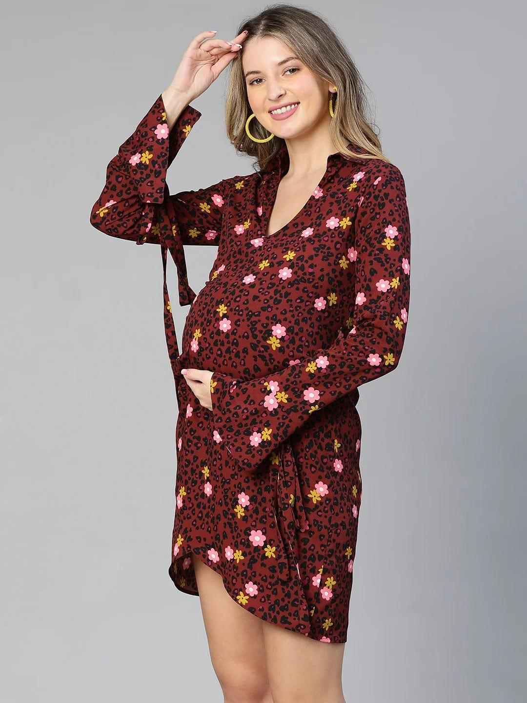 Marshall Maroon Floral Print Wrapped Maternity Dress For Moms