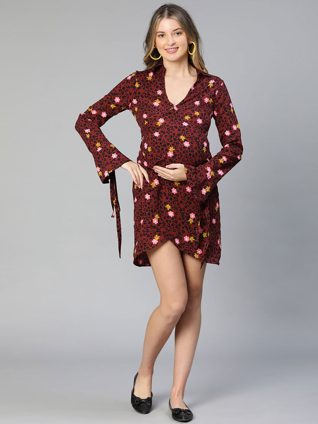 Marshall Maroon Floral Print Wrapped Maternity Dress For Moms