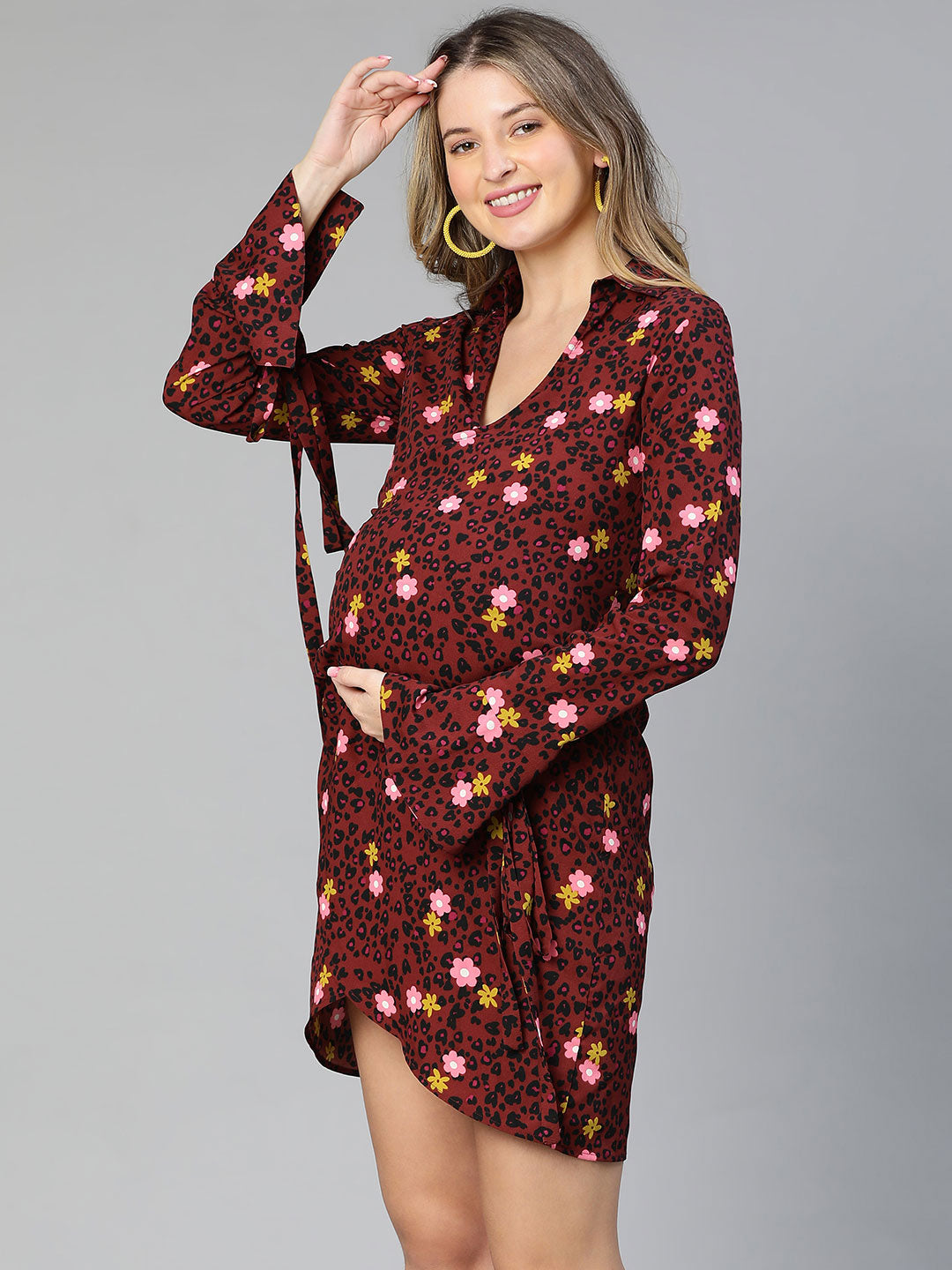 Marshall Maroon Floral Print Wrapped Maternity Dress For Moms