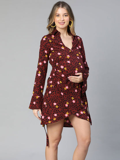 Marshall Maroon Floral Print Wrapped Maternity Dress For Moms