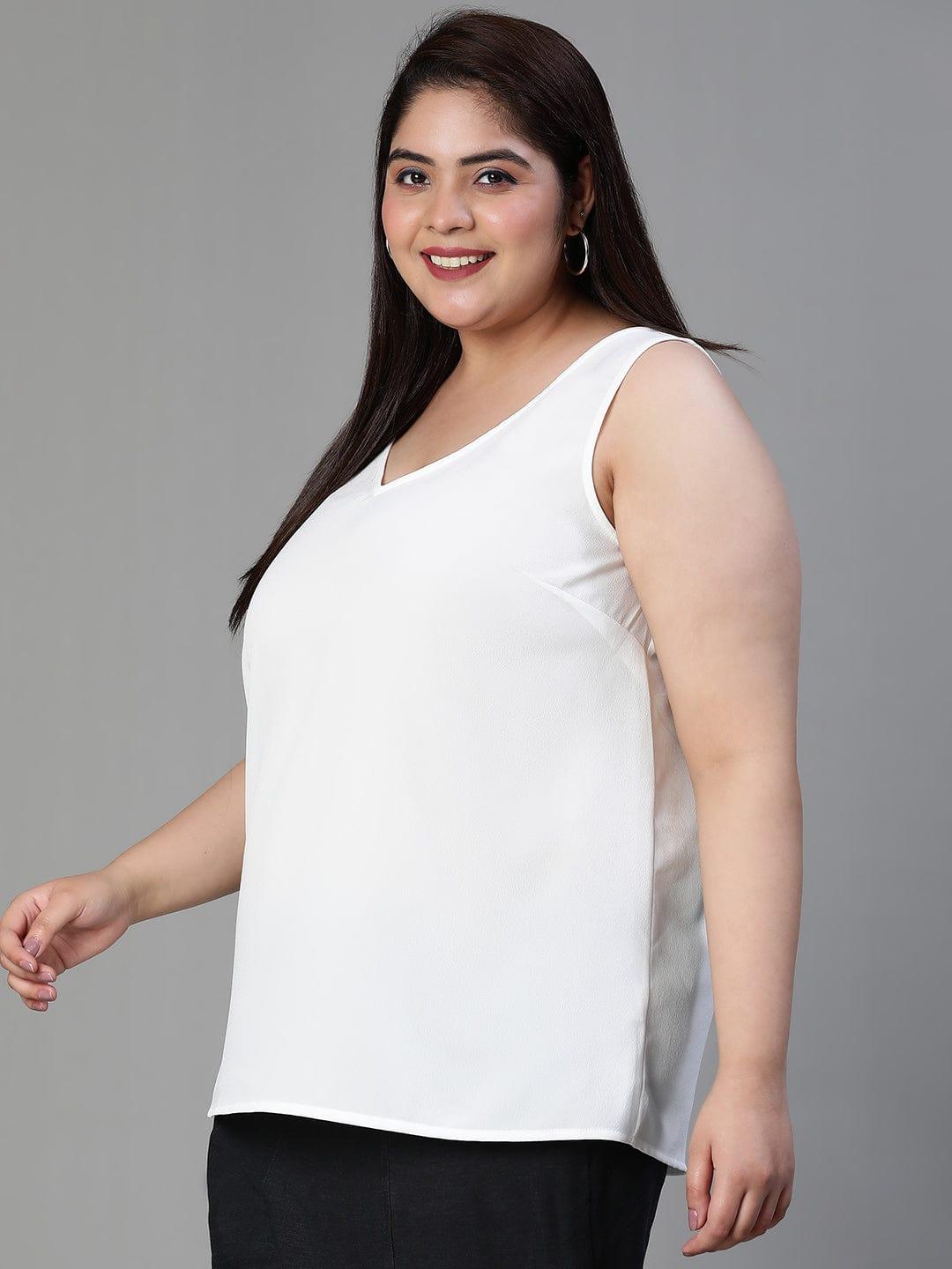 Graced Solid White Sleeveless Plus Size Women Loopy Top