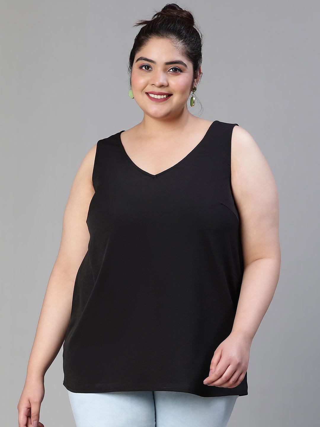 Enhanced Solid Black Sleeveless Plus Size Women Loopy Top