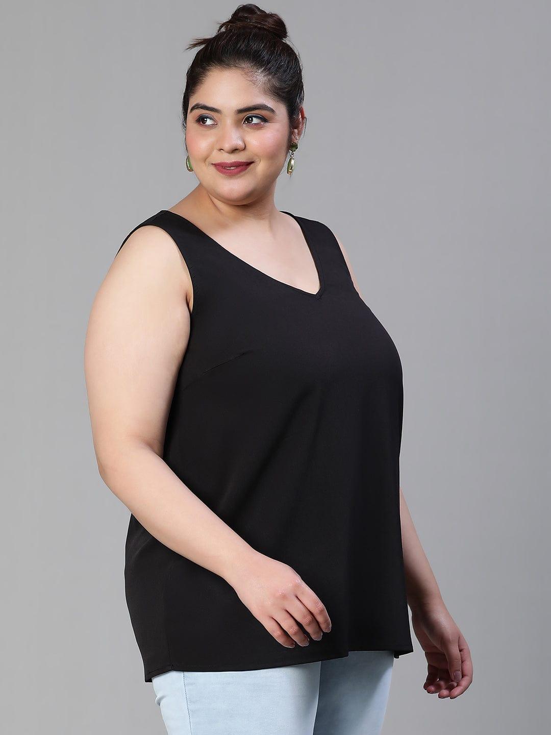 Enhanced Solid Black Sleeveless Plus Size Women Loopy Top