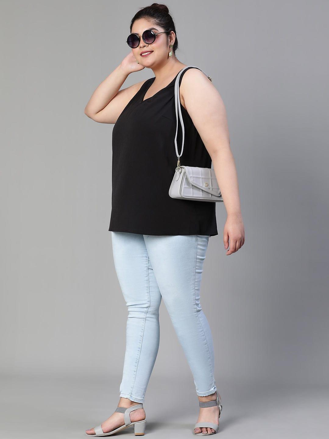 Enhanced Solid Black Sleeveless Plus Size Women Loopy Top