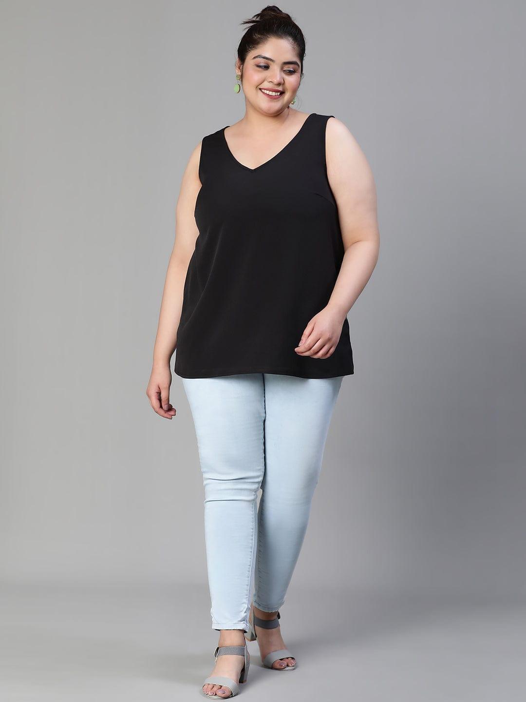 Enhanced Solid Black Sleeveless Plus Size Women Loopy Top