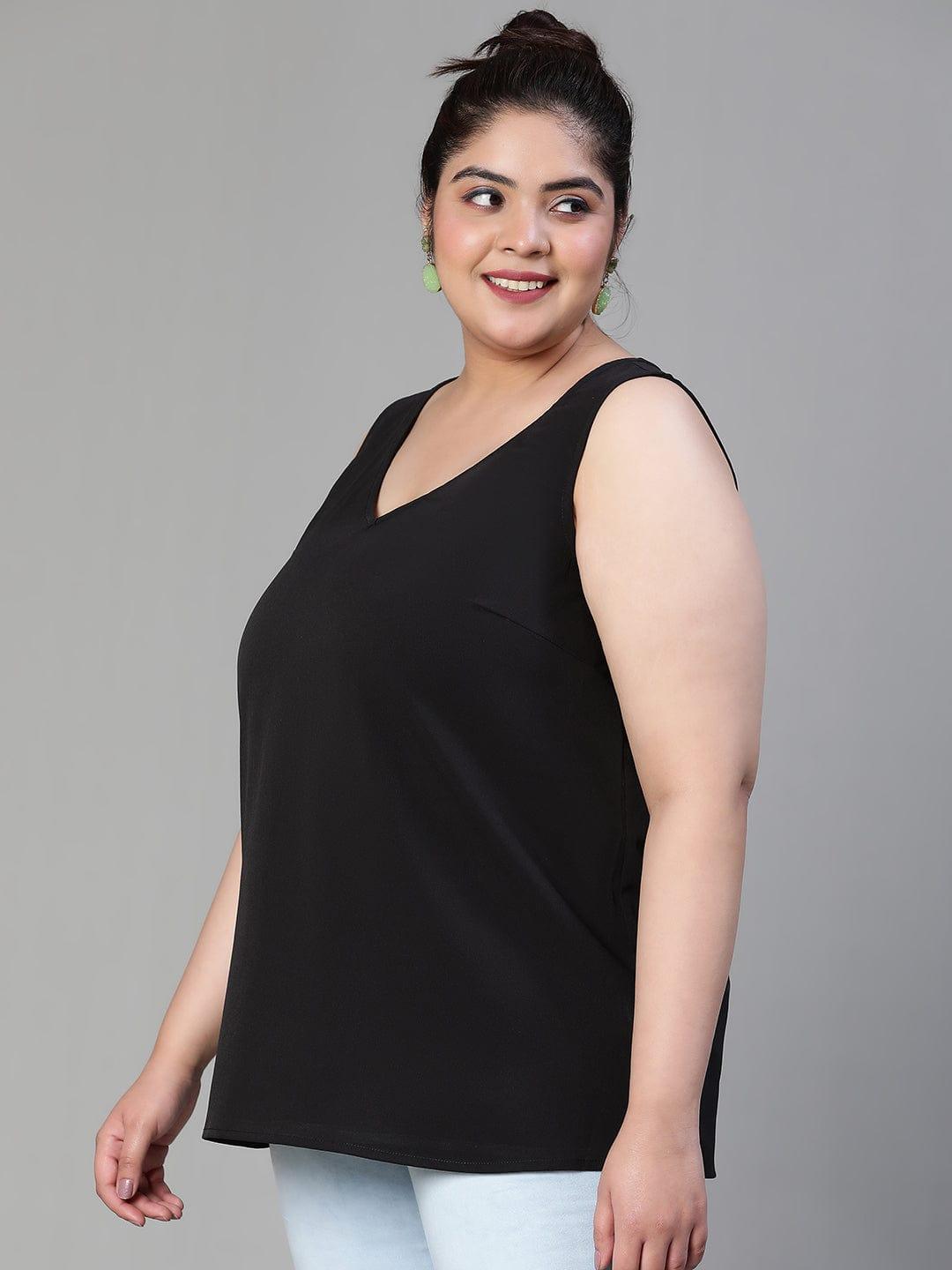 Enhanced Solid Black Sleeveless Plus Size Women Loopy Top