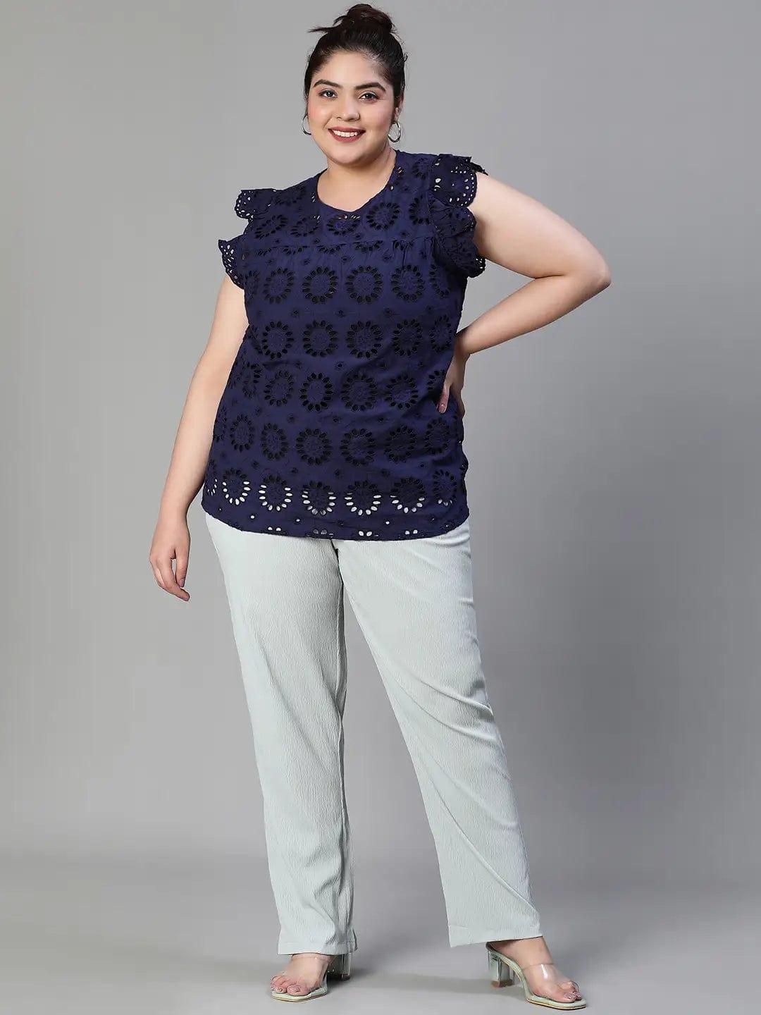 Active Blue Schiffli Petal Sleeve Plus Size Women Cotton Loopy Top