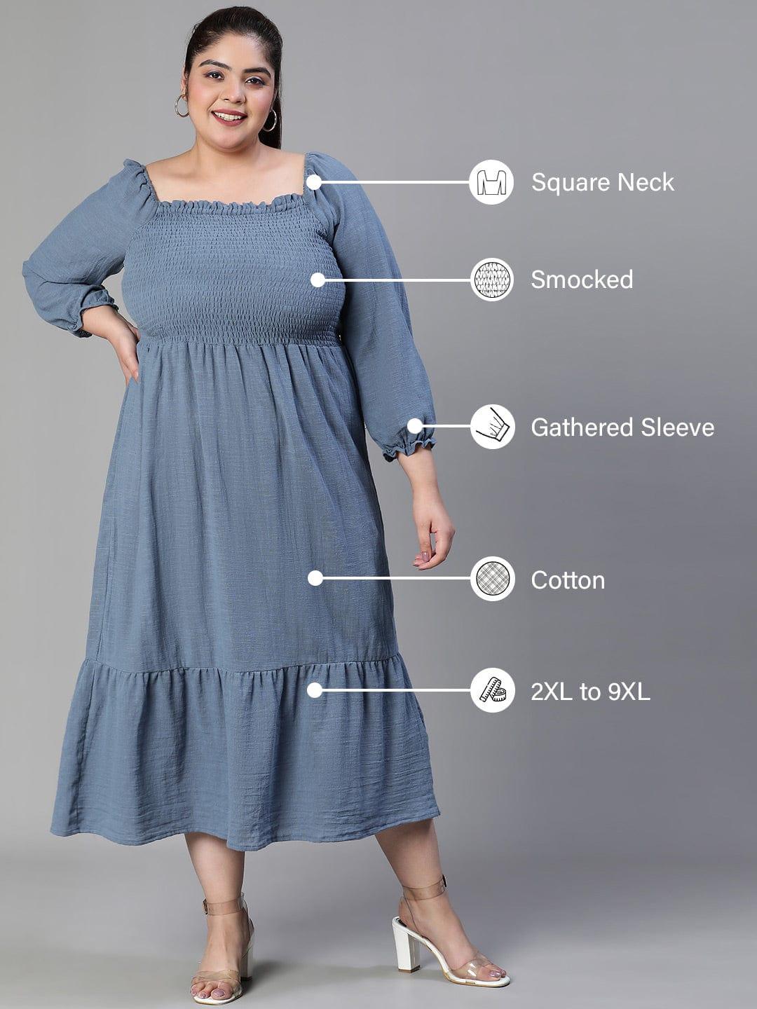 Beyond Grey Smocked Long Plus Size Curvy Maxi Cotton Dress