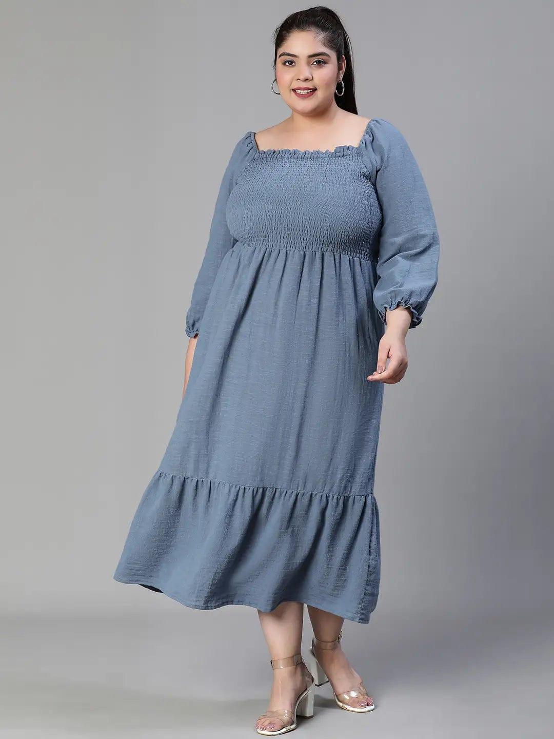 Beyond Grey Smocked Long Plus Size Curvy Maxi Cotton Dress