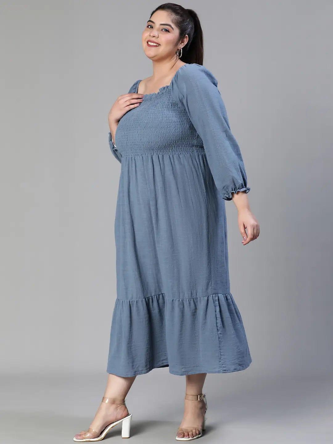 Beyond Grey Smocked Long Plus Size Curvy Maxi Cotton Dress