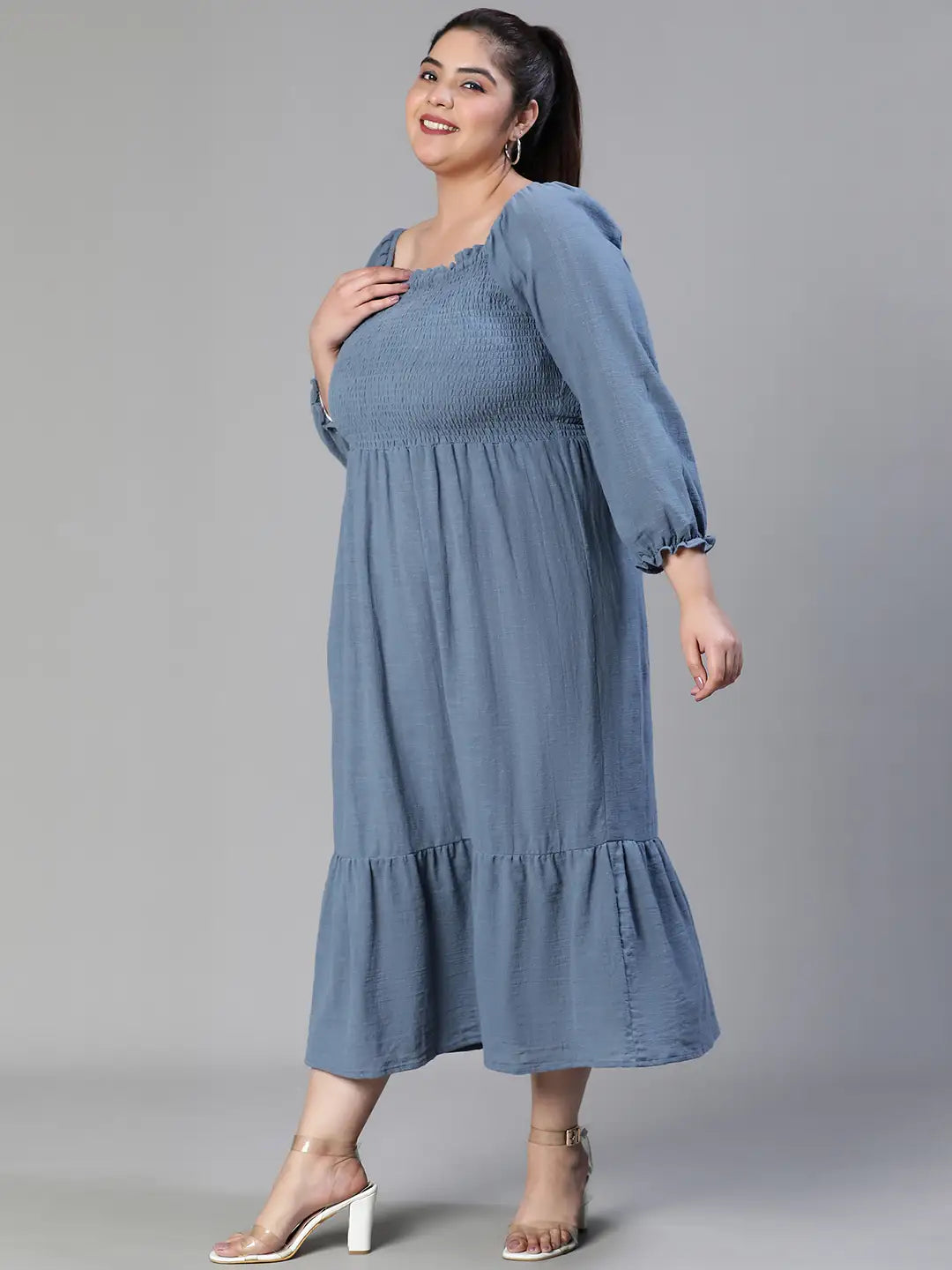 Beyond Grey Smocked Long Plus Size Maxi Cotton Dress