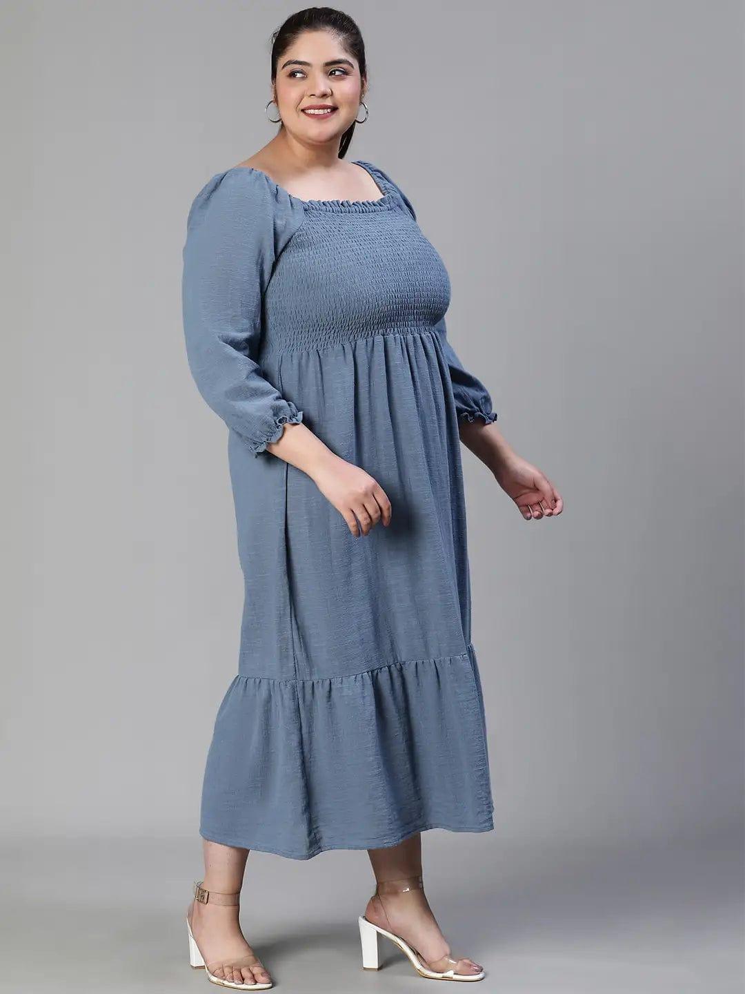 Beyond Grey Smocked Long Plus Size Curvy Maxi Cotton Dress