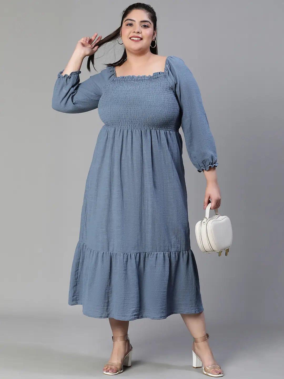 Beyond Grey Smocked Long Plus Size Curvy Maxi Cotton Dress