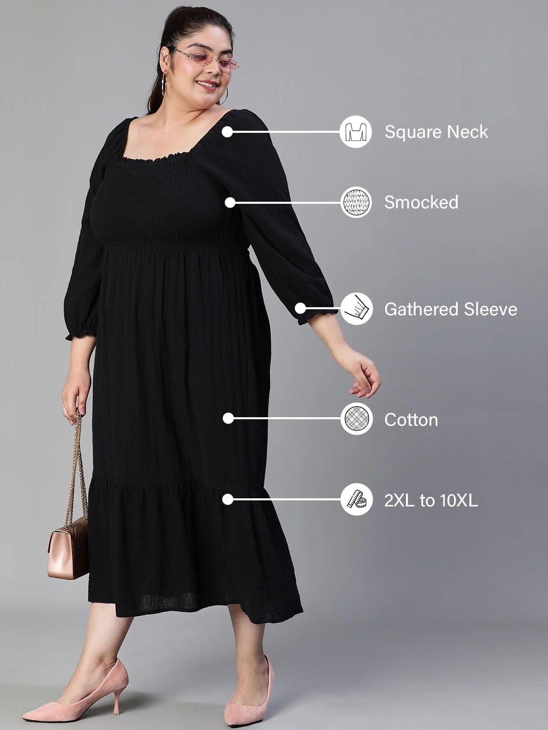 Fleek Solid Black Smocked Flare Plus Size Curvy Maxi Dress