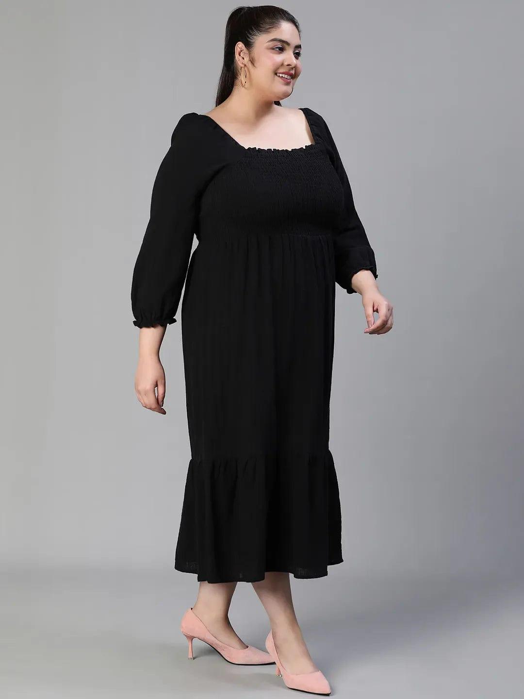 Fleek Solid Black Smocked Flare Plus Size Curvy Maxi Dress