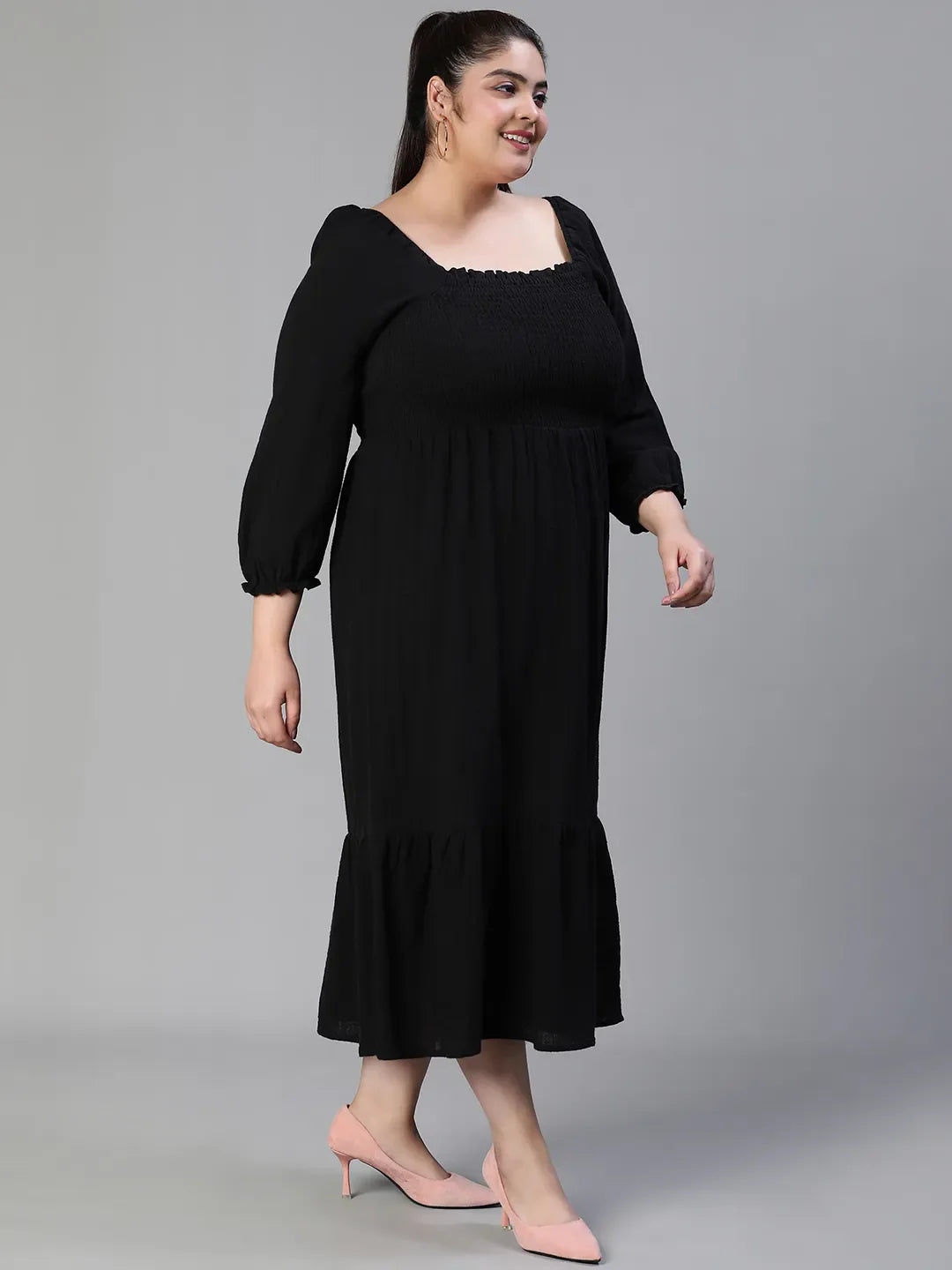 Fleek Solid Black Smocked Flare Plus Size Maxi Dress