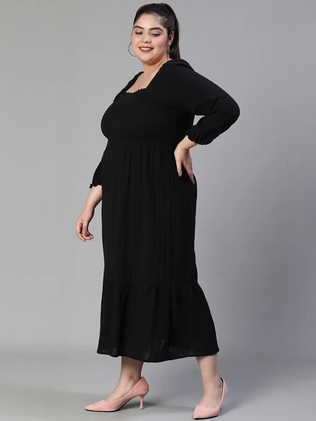 Fleek Solid Black Smocked Flare Plus Size Curvy Maxi Dress