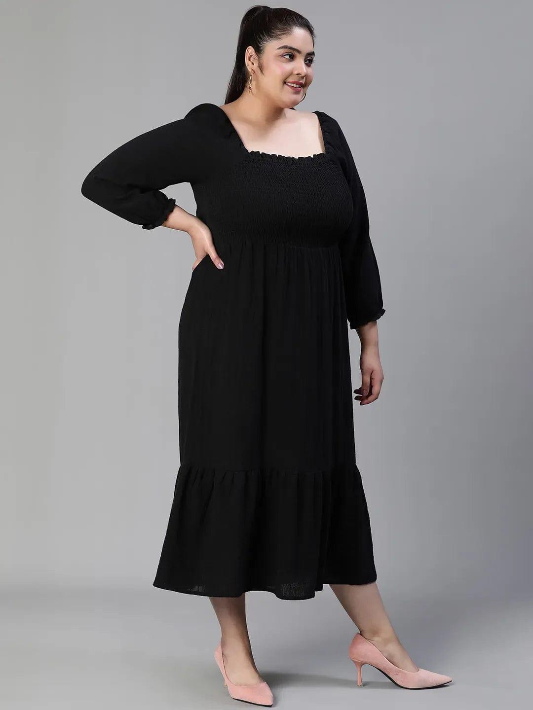 Fleek Solid Black Smocked Flare Plus Size Curvy Maxi Dress