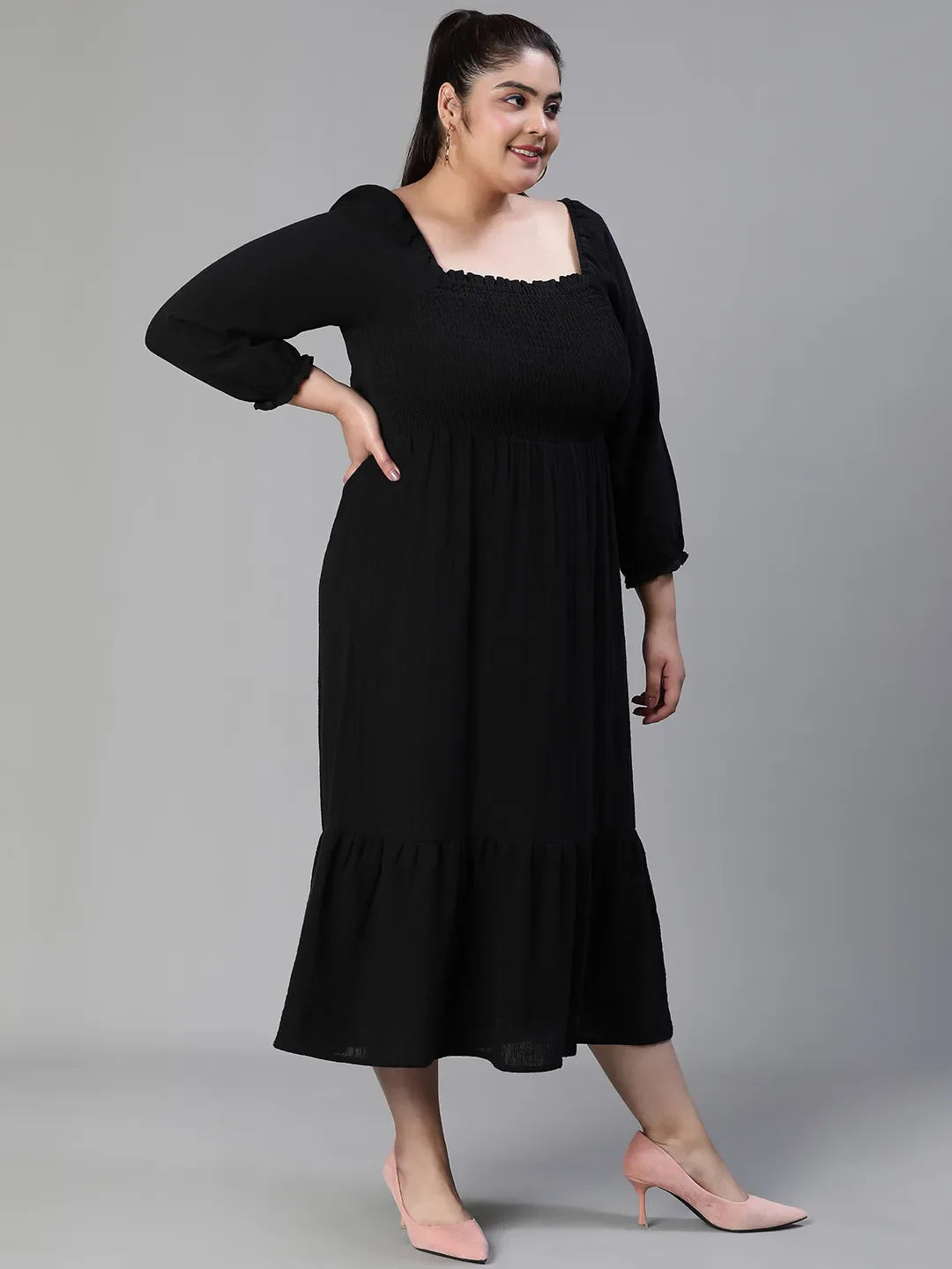 Fleek Solid Black Smocked Flare Plus Size Maxi Dress