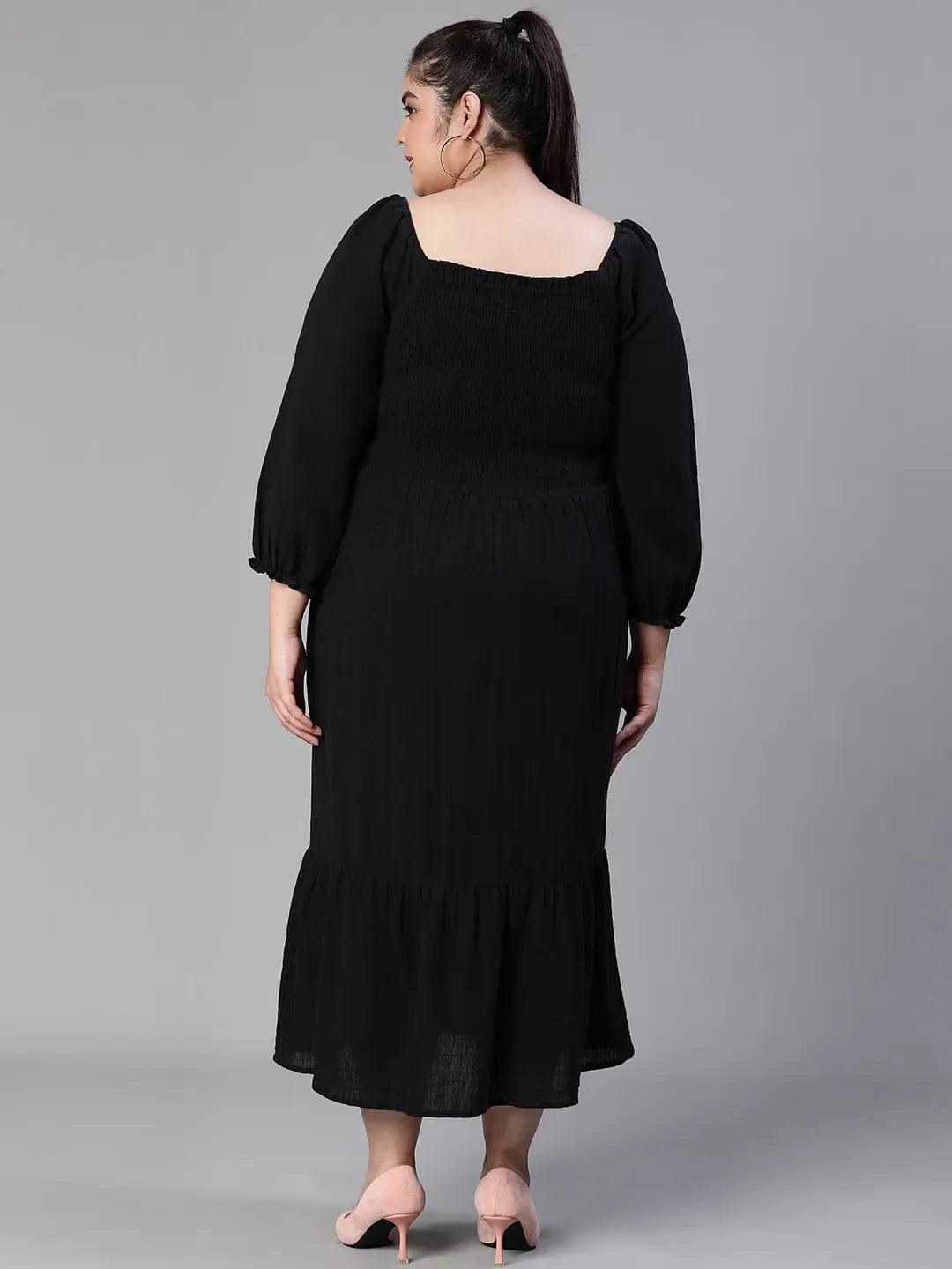 Fleek Solid Black Smocked Flare Plus Size Curvy Maxi Dress