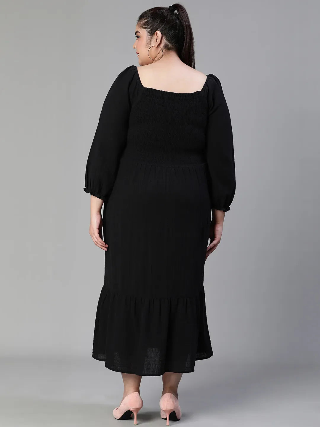 Fleek Solid Black Smocked Flare Plus Size Maxi Dress