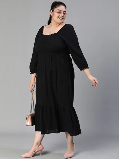 Fleek Solid Black Smocked Flare Plus Size Maxi Dress